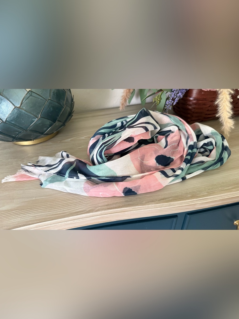 Lightweight Floral Pattern Scarf - Pink, Navy & Mint lovely eye catching colors
